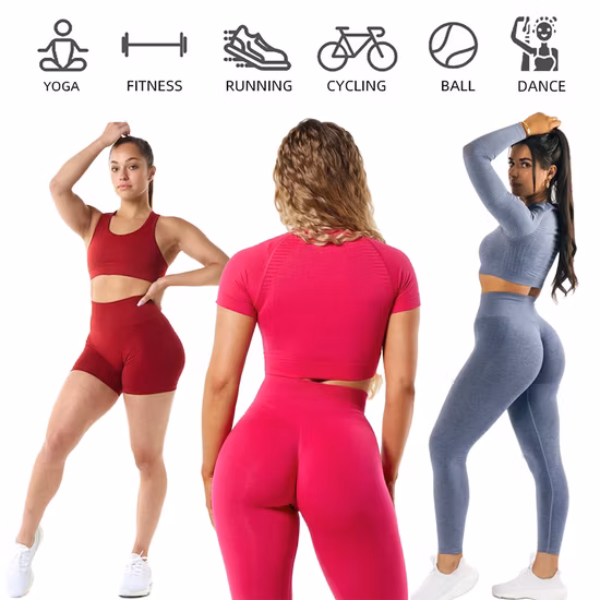 Hot Selling 5PCS Set Sports Fitness Sweat Suits Seamless Compression Gym Clothes for Women, Custom Logo Gym Top + Yoga Shorts + Workout Leggings Active Apparel